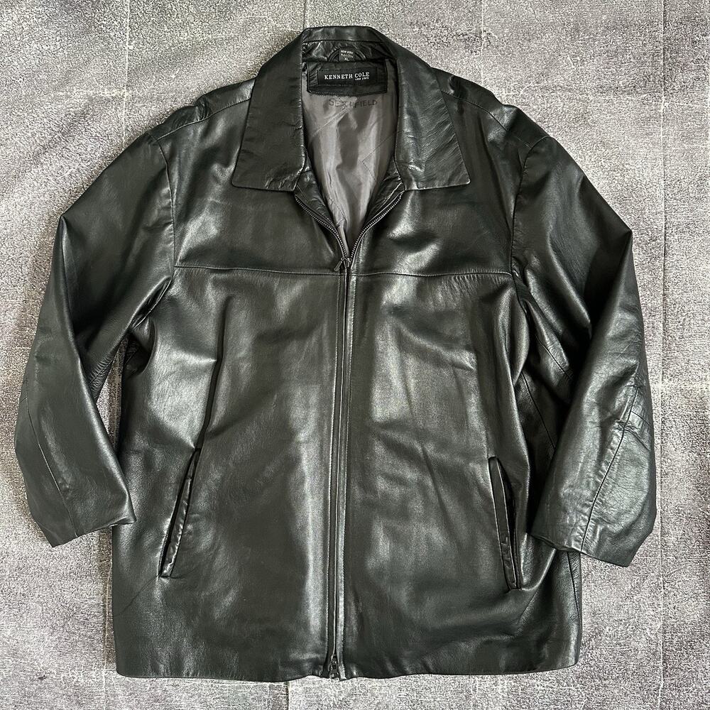 Men's Vintage Y2K Kenneth Cole Classic Black Leather Zip Up Drivers Jacket Sz XL